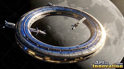 A ring-shaped space station orbiting a cratered moon