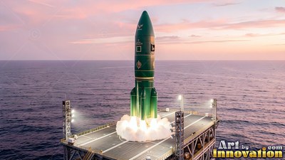 Dark green hull firing white exhaust, a rocket launches from a sea platform at dawn
