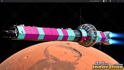 A striped spaceship flies above a red planet with bright blue engine flames