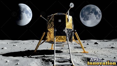 Facing forward on a cratered moon surface, a gold lunar lander stands between two moons