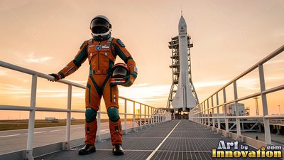 An astronaut in an orange flight suit stands near a white rocket at sunset