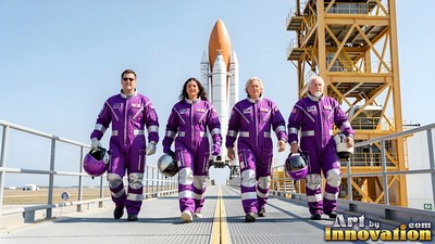 On a sunny launchpad, four astronauts walk in purple flight suits by a shuttle