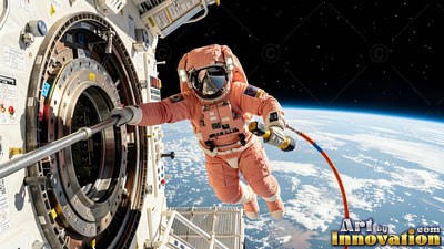 Floating outside an open airlock, an astronaut in an orange suit drifts above Earth