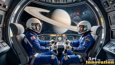 Two astronauts in blue suits piloting a spaceship near Saturn