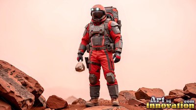 Wearing a red armored spacesuit, an astronaut stands on a rocky desert hill under a dusty sky
