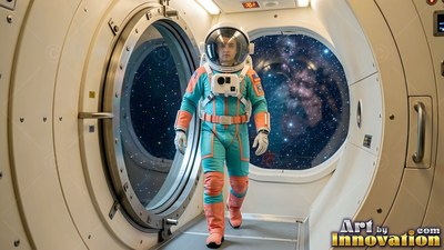 An astronaut walks through a spaceship hatch wearing a teal and orange suit under warm light