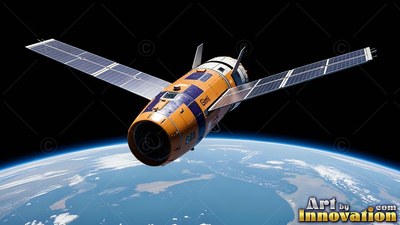 Tilted forward above Earth, an orange spacecraft spreads its solar panels