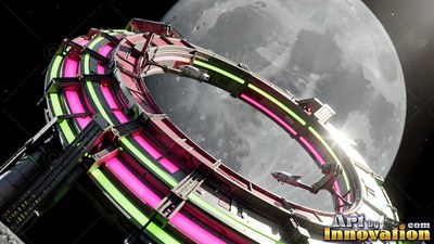A circular space station with pink and green lights orbits near a pale moon