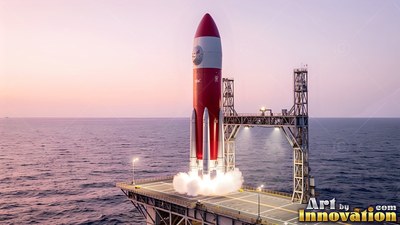 On an ocean platform, a red and white rocket ignites its engines at dusk