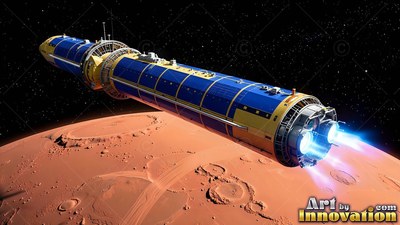 Firing twin blue thrusters, a long blue and yellow spaceship flies past Mars