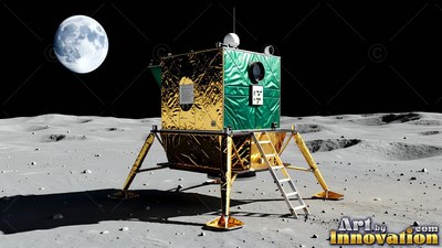 Gold and green lunar lander on the moon with Earth above