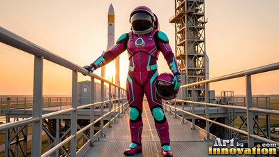 Dressed in a magenta spacesuit, an astronaut stands on a launch gantry at sunrise