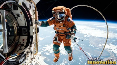 Floating outside an open airlock, an astronaut in an orange suit drifts over Earth