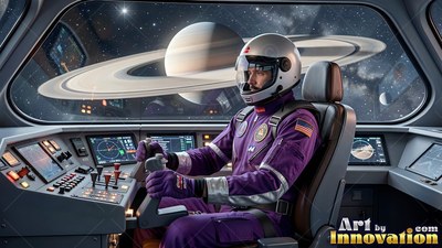 An astronaut in a purple suit flies a spacecraft past Saturn in deep space
