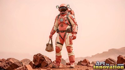 On a red rocky desert, an astronaut in an orange spacesuit stands holding a bag