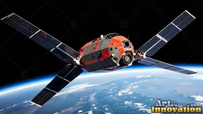 Red and gray spacecraft with solar wings orbiting Earth