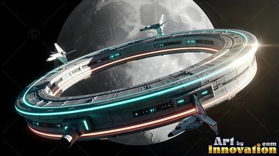 Neon stripes wrap around a white ring space station drifting near a large moon