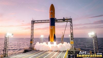 An orange and blue rocket takes off from an ocean platform under a pink dawn sky
