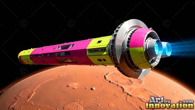 Angled diagonally, a pink and green spaceship flies above an orange planet