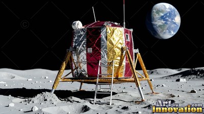 A foil-wrapped lunar lander sits on the gray Moon beneath a blue Earth in space