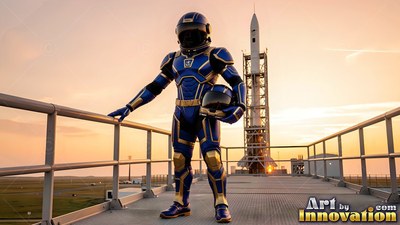 On a launch platform at sunset, an astronaut in a blue and gold suit stands by a rocket