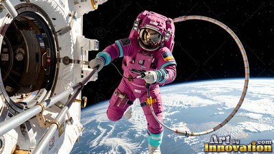 Astronaut in a pink spacesuit floats in orbit