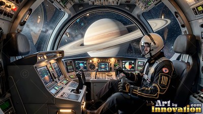 Wearing a white helmet, an astronaut sits at spaceship controls looking at Saturn outside