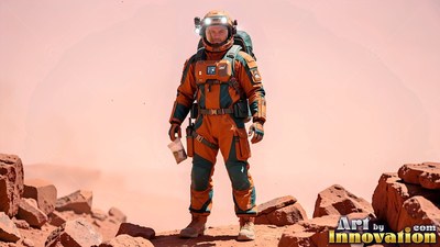 An astronaut stands on red rocks under pale dusty sunlight