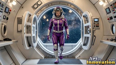 Walking forward into a white airlock, an astronaut wears a purple spacesuit