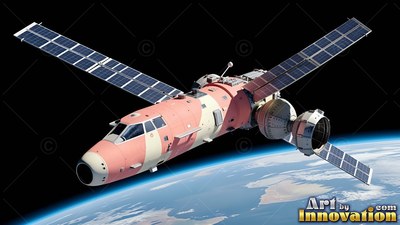 A pink and white spaceship with blue solar panels floats high above Earth