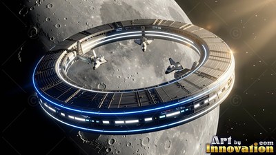 In orbit near the moon, a circular space station holds three shuttles inside