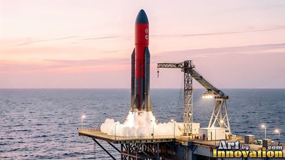 Launching from an offshore platform, a red and black rocket vents white smoke