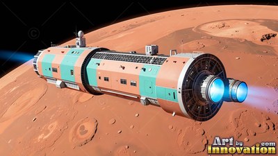 A teal and orange spaceship flying over Mars craters