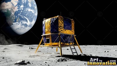 Wrapped in gold foil, a lunar lander rests on the gray moon with Earth above