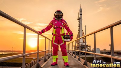 An astronaut stands on a launch platform, holding a helmet under an orange sunset sky
