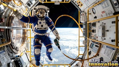 An astronaut in a blue spacesuit floats by a space station hatch above Earth