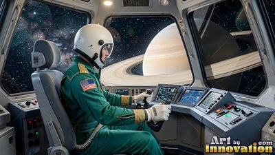 In a spaceship cockpit, a pilot in a green suit looks toward Saturn
