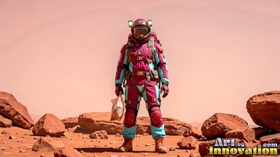Standing on red desert rocks, an astronaut holds a small bag under a hazy sky