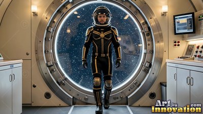 Astronaut in a black and gold suit standing before a round window