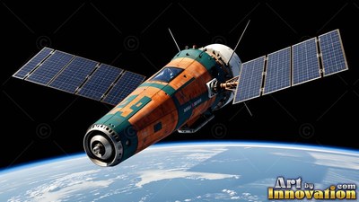 Orange and teal panels cover a cylindrical spacecraft drifting high above Earth