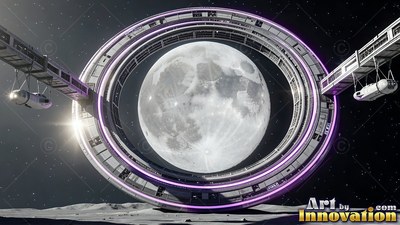 A circular space station frames the full moon with purple neon light on its rings