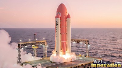 Standing upright on an ocean launch pad, a pink and white rocket lifts off into dawn sky
