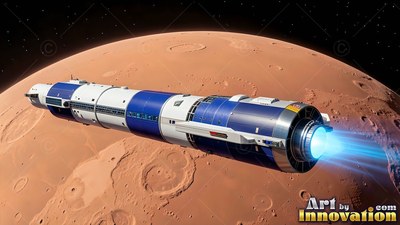 A blue and white cylindrical spaceship fires its bright thruster near a red planet