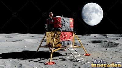 On a gray cratered moonscape, a gold and red lunar lander rests under a bright moon