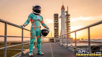 Standing on a metal catwalk, an astronaut in a teal suit holds a helmet near a rocket