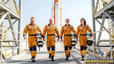 Four astronauts in orange suits walk together in front of a rocket