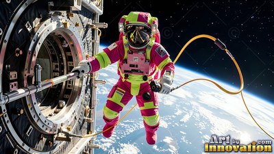 Wearing a pink and yellow spacesuit, an astronaut floats outside a spacecraft airlock in orbit