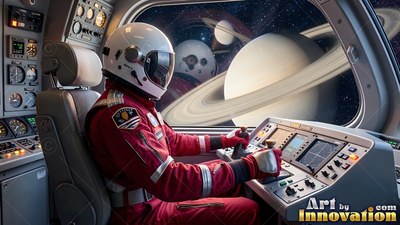 An astronaut steers a spaceship in a red suit as pale sunlight illuminates a ringed planet outside