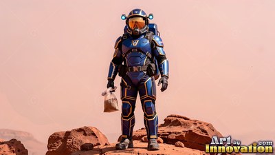 Standing upright on red desert rocks, an astronaut in a blue spacesuit holds a dirt bag
