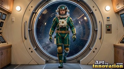 An astronaut in a green spacesuit walks forward through a round airlock door